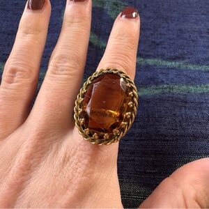 Vintage West Germany Amber Glass Statement Ring Adjustable Mid-Century